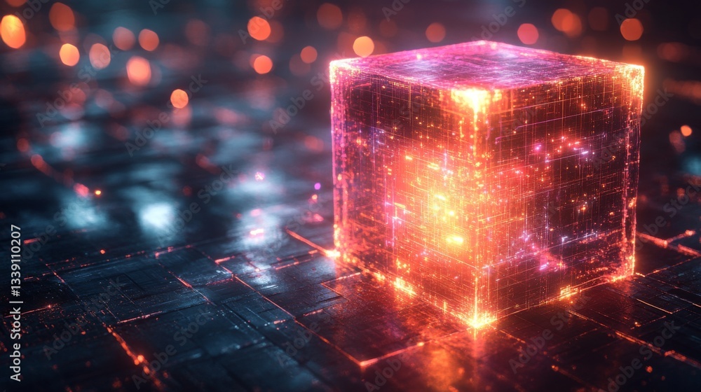 Poster a glowing digital cube represents quantum concepts like qubits, superposition, and entanglement, sho