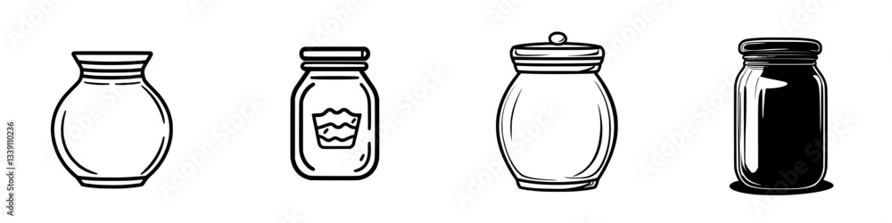 Aufkleber various glass jars arranged in a row showcasing different shapes and sizes with minimalistic designs