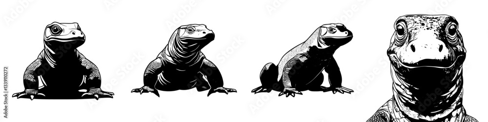 Poster different poses of a lizard showcasing its unique characteristics and structure in a black and white
