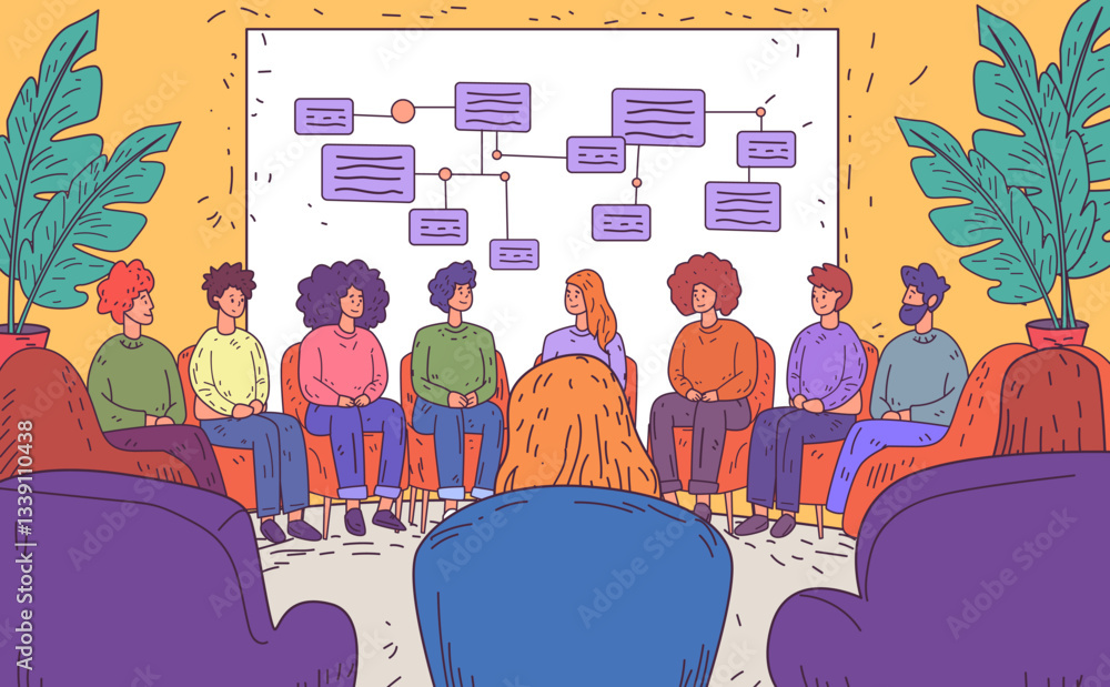 Aufkleber group discussion teamwork concept people sitting in a circle with flowchart on board plants in backg
