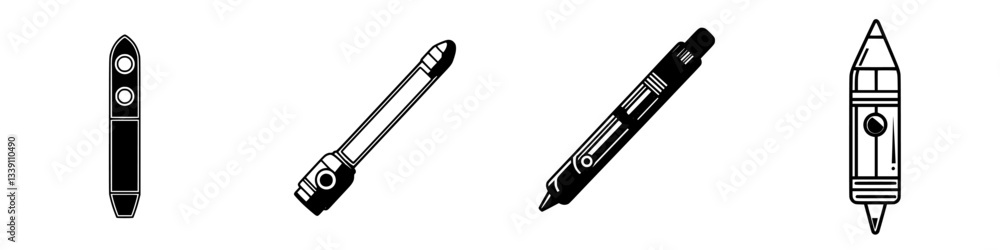 Poster various types of writing instruments displayed in a simple black and white design