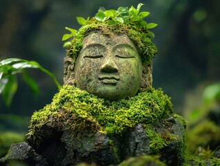 Obraz premium Moss-covered stone sculpture of a face with closed eyes and a serene expression, surrounded by lush greenery in an overgrown garden.