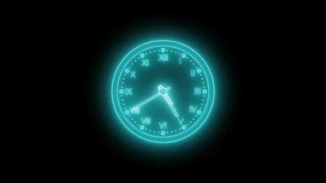 Glowing neon clock animation with Roman numerals on a black background
