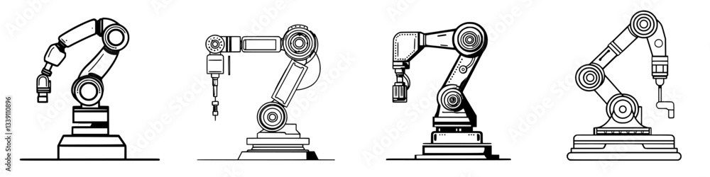 Poster four distinct robotic arms showcasing various designs and functionalities in a modern industrial set