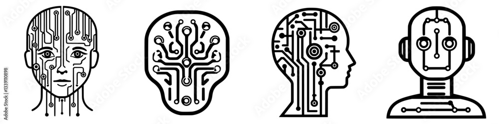 Poster symbolic representations of artificial intelligence in various human-like forms and styles showcasin