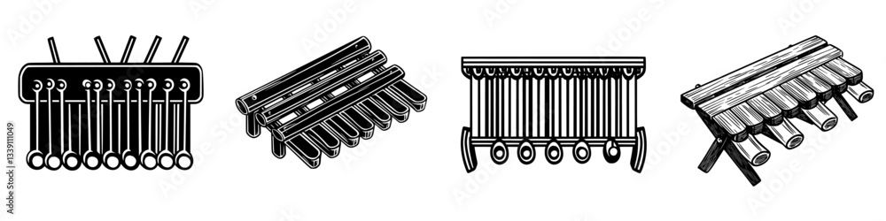 Poster collection of wooden percussion instruments displayed in a row with different designs and structures