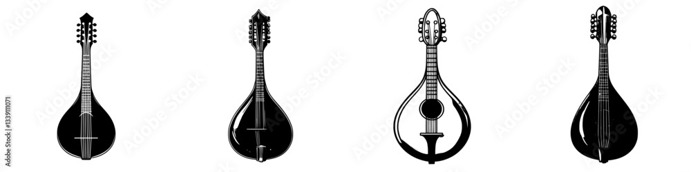 Poster various traditional string instruments displayed in silhouette against a plain background