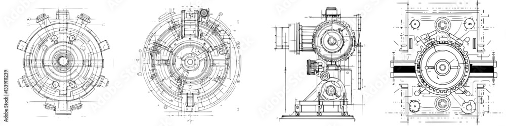 Poster technical drawings of a mechanical device showcasing intricate designs and engineering details in a 