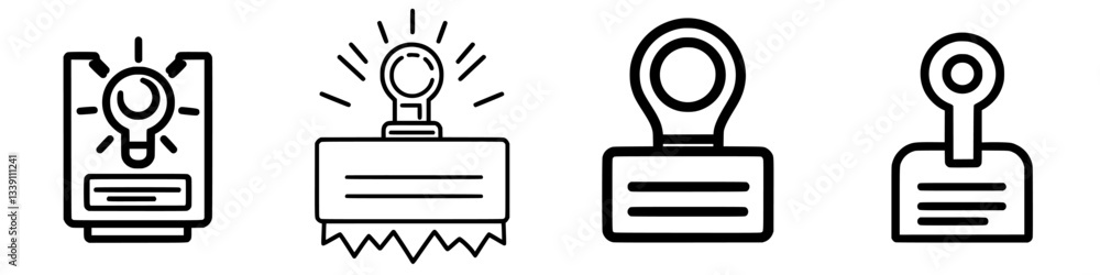Poster different styles of light bulb icons in black and white displayed in a modern graphic design layout