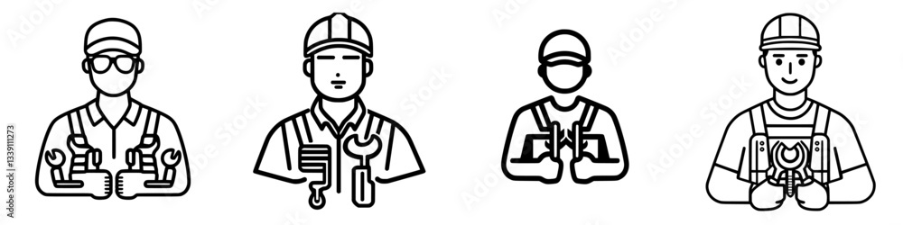 Poster skilled workers displaying tools ready for construction tasks in a collaborative work environment