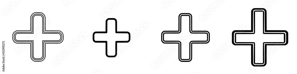 Poster different styles of plus signs displayed sequentially on a plain background for design or educationa