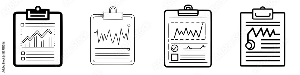 Poster multiple clipboards displaying various charts and graphs for data analysis and presentations in a pr