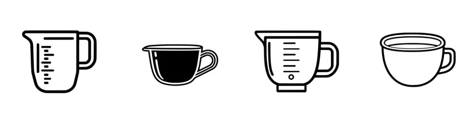 Various measuring cups and a bowl lined up on a countertop in a kitchen setting for culinary tasks