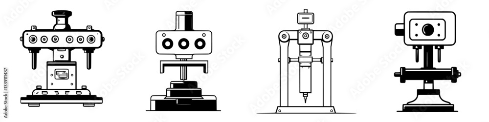 Poster different types of machines lined up for various industrial applications during a factory demonstrat
