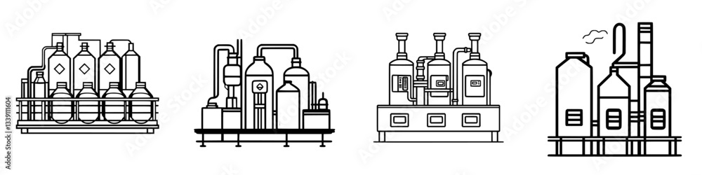 Poster factory setup displaying various industrial bottles and equipment in a minimalist style with detaile