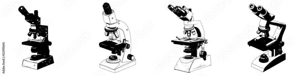 Poster different types of microscopes illustrated showing evolution of design and functionality for educati