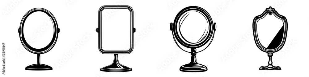 Poster collection of decorative mirrors in various shapes and styles displayed on a white background