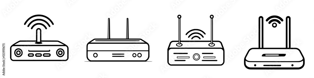 Poster different types of wireless routers displayed in a simple black and white design