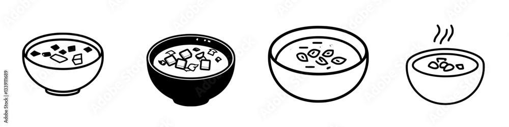 Aufkleber different styles of soup bowls with varying ingredients and textures served in a minimalistic settin