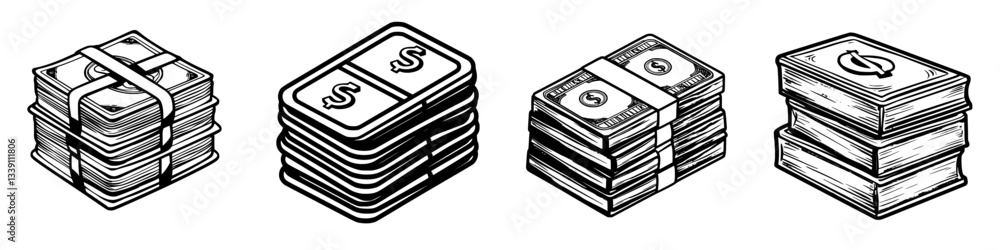 Poster illustrations of various stacks of money and currency notes displayed on a plain background