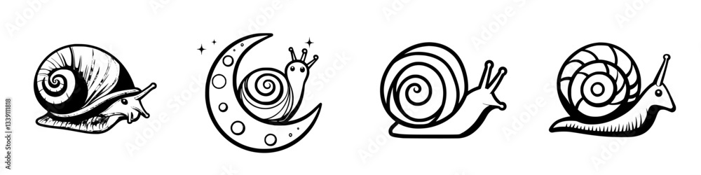 Poster snails depicted in various artistic styles showcasing their charm and unique features