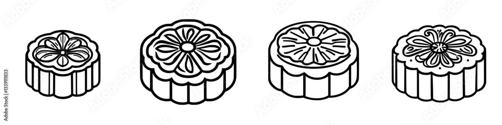 Poster assorted decorative pastries displayed in a row on a plain background