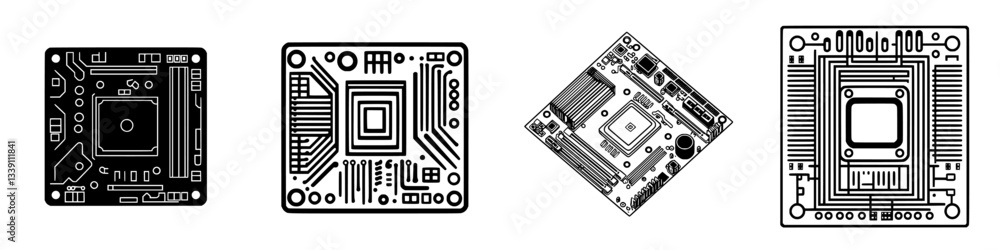 Poster illustration of various circuit board designs showcasing intricate patterns and technology component