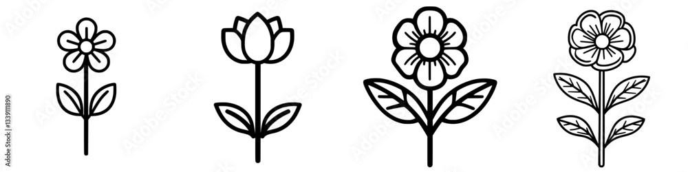 Poster various line drawings of simple flowers with distinct shapes and styles displayed on a white backgro