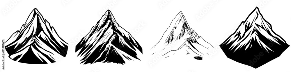Poster four distinct mountain designs showcasing different styles and perspectives against a plain backgrou