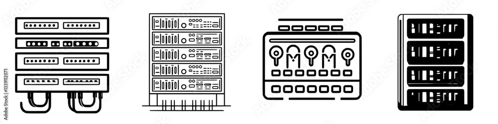 Poster various designs of server racks showcasing efficient data storage solutions in a modern technology e