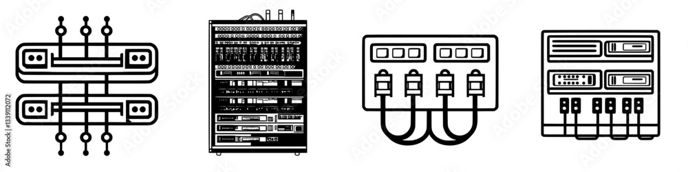 Poster illustration of various server rack designs showcasing different connectivity and functions at a dat