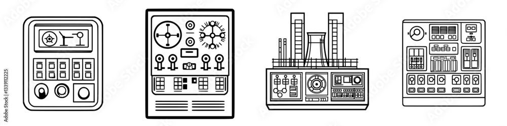 Poster control panels depict various functions in an industrial setting highlighting engineering technology