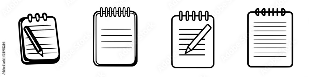 Poster different styles of notepads with pens displayed on a clean surface during daylight hours