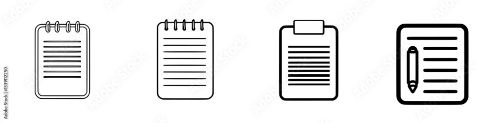 Poster collection of simple notepad designs displayed in a linear arrangement on a white background