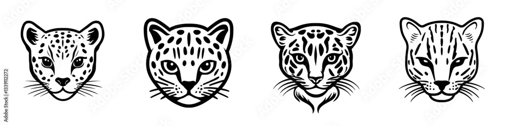 Poster different artistic representations of leopard and snow leopard heads in a minimalist style showcasin