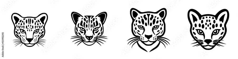 Poster four distinct leopard head designs showcasing unique styles and expressions in black and white