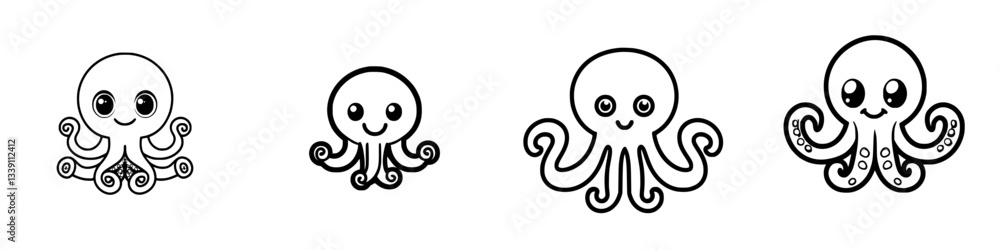 Poster cute cartoon octopuses in various sizes displaying playful expressions and characteristics on a whit