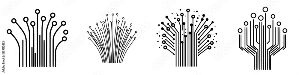Poster abstract illustrations of tree shapes created with lines and circles representing growth and connect
