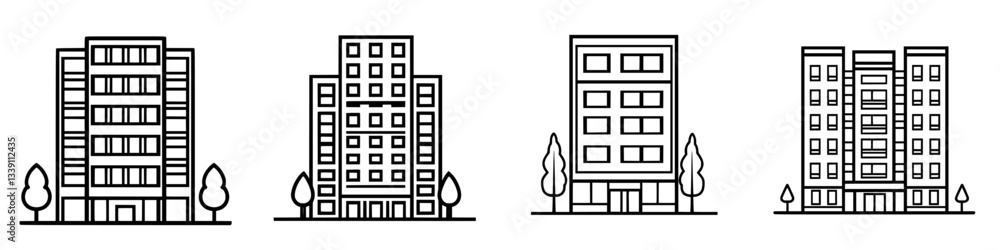 Poster multiple architectural sketches of modern apartment buildings in a residential area with trees surro