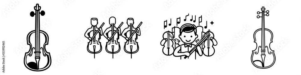 Poster various illustrations of violins and musicians playing string instruments in a concert setting