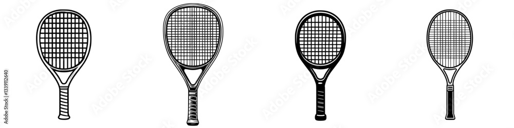 Poster multiple tennis rackets displayed in various styles on a white background highlighting their unique 
