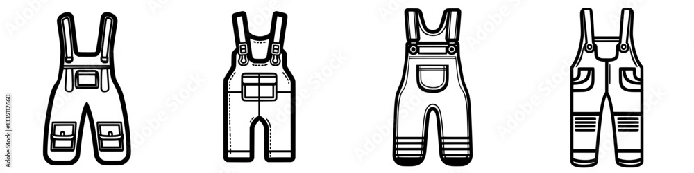 Poster variety of overalls displayed in a simple illustration emphasizing design and functionality