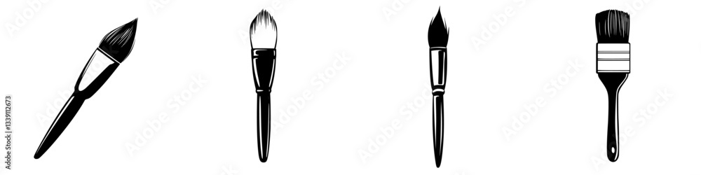Aufkleber set of four diverse paint brushes arranged in a row showcasing different bristle shapes and sizes