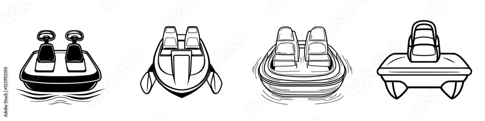 Poster collection of various motorboats displayed in simple line art style with distinct features and desig