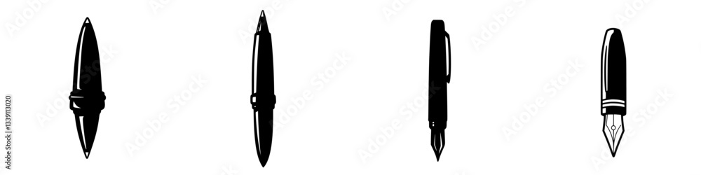 Poster different designs of writing instruments displayed in a row showcasing various shapes and styles in 