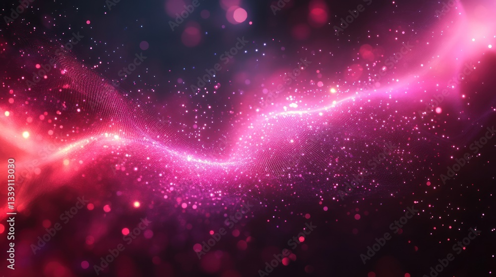 Poster abstract pink and purple glowing wave with sparkles and bokeh lights on dark background.