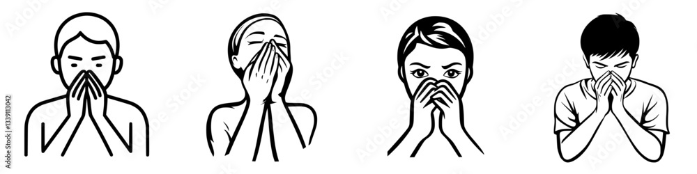 Poster illustrations of people showing different expressions of concern and distress in a monochromatic sty