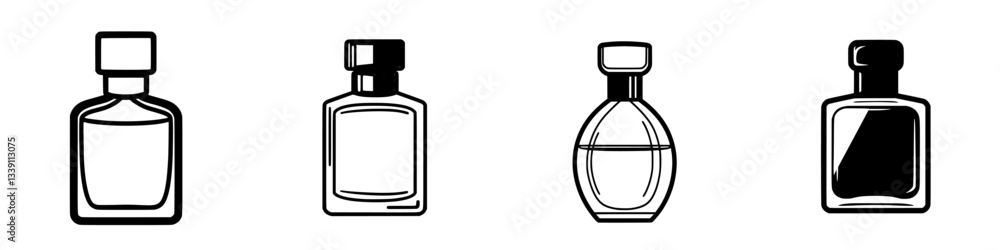 Poster collection of elegantly designed perfume bottles arranged in a row with varying shapes and sizes on 
