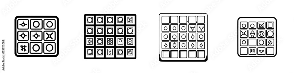 Poster various grid patterns with geometric shapes and symbols in black and white exploring visual arrangem