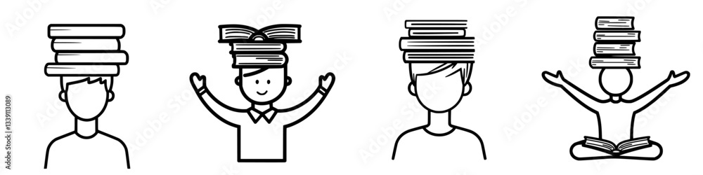 Poster learning and balance represented through playful characters with books on their heads in a minimalis